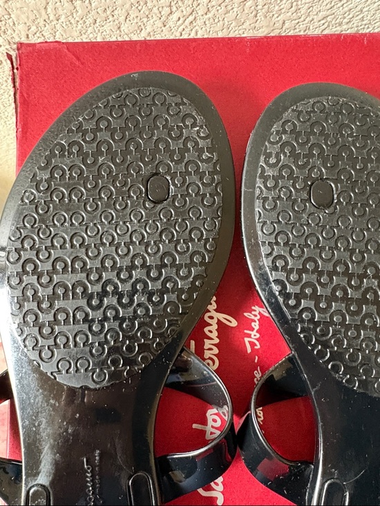 Salvatore Ferragamo Black Jelly Thong Sandals with Gold Bow